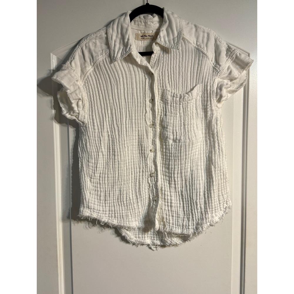 We The Free Button Down XS White Gauze Cotton Linen Raw Hem Top Boho Chic Casual